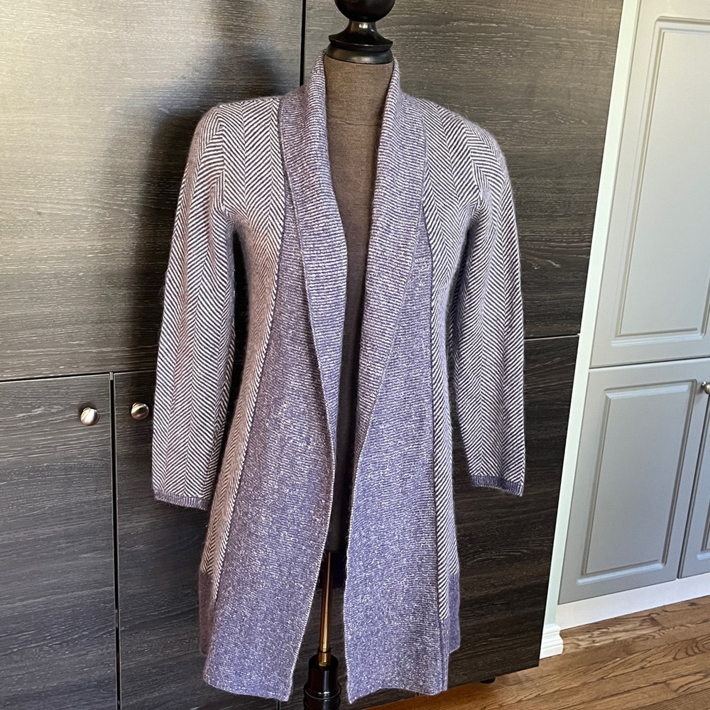 EUC Kenar Nylon & Angora Blend Blue & Grey Chevron Long Open Cardigan Small